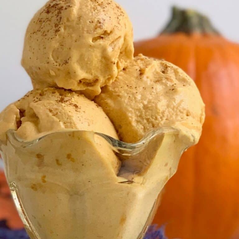 Close up looking at a few scoops of dairy free pumpkin ice cream.