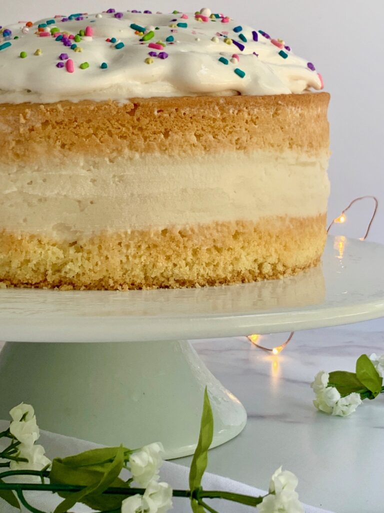 A frosted dairy free gluten free ice cream cake.