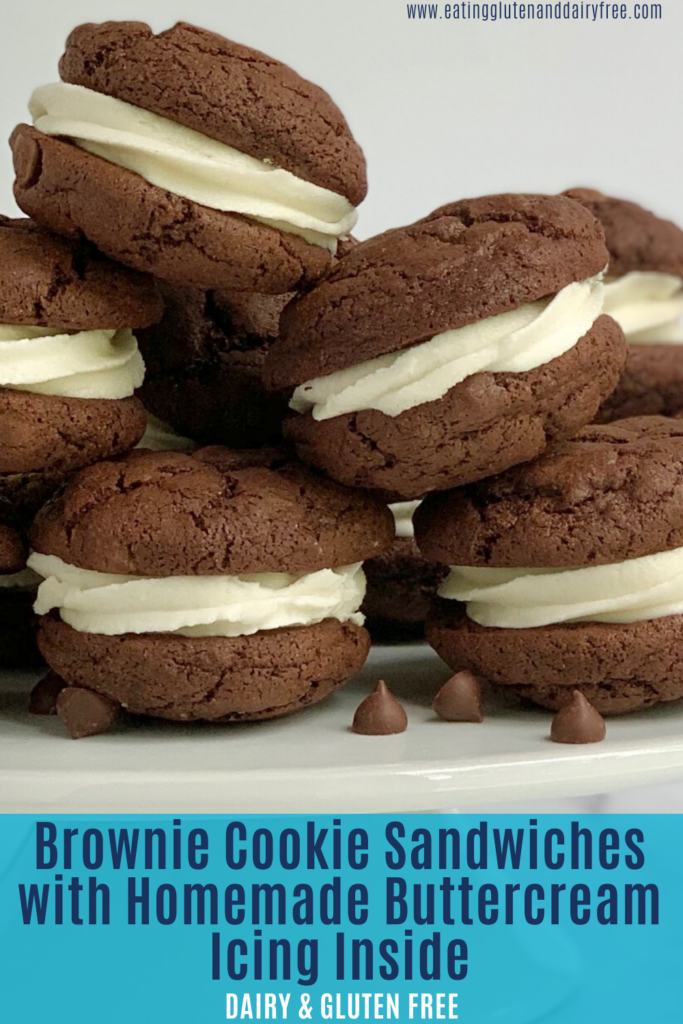 A platter of brownie cookies with buttercream frosting in the middle