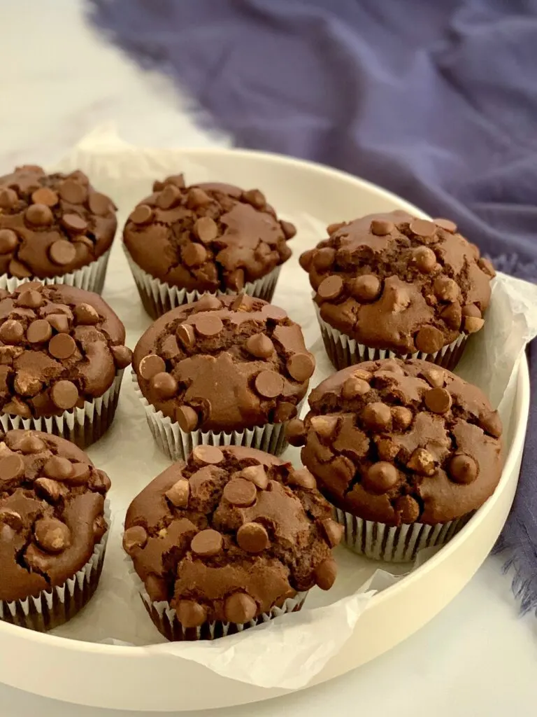 Double Chocolate muffins with chocolate chips on top.