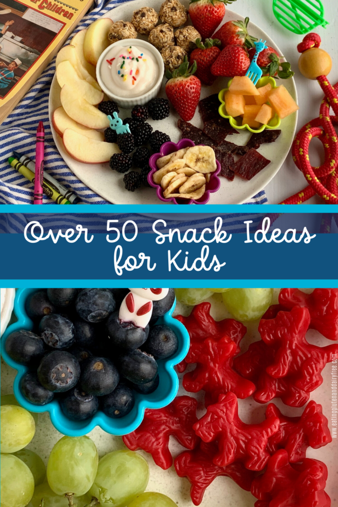 A variety of kid approved snacks including fruit, veggies, licorice, jerky, and energy balls. 