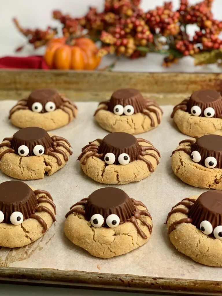 Peanut butter cookies with an upside down peanut butter cup, with edible eyes,  and frosting for 4 legs on each side.