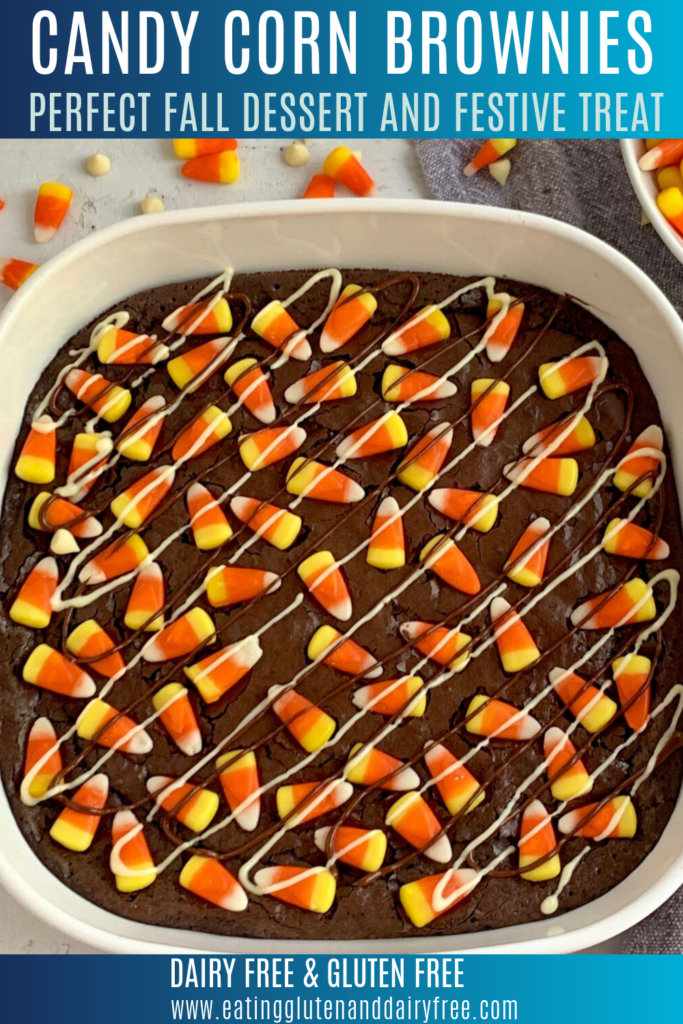 Brownies with candy corn and chocolate drizzle. 