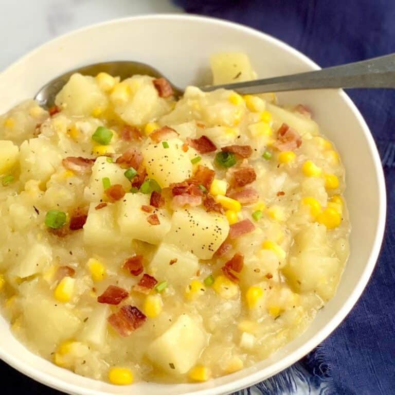 A bowl of potato corn chowder.