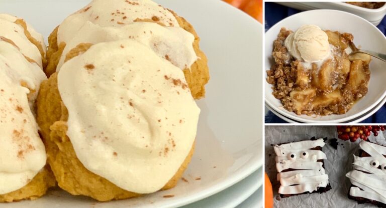 3 different desserts. 1 is pumpkin cookies with cream cheese frosting, another is apple crisp in a bowl with ice cream on top, and lastly is 2 rectangle brownie pieces with white frosting zig zagging across them and googly eyes to look like mummies.
