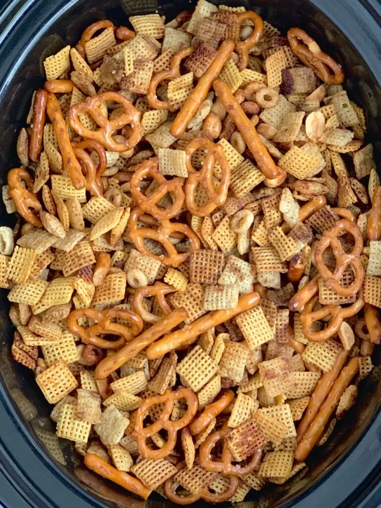 Yummy chex mix in a crockpot.
