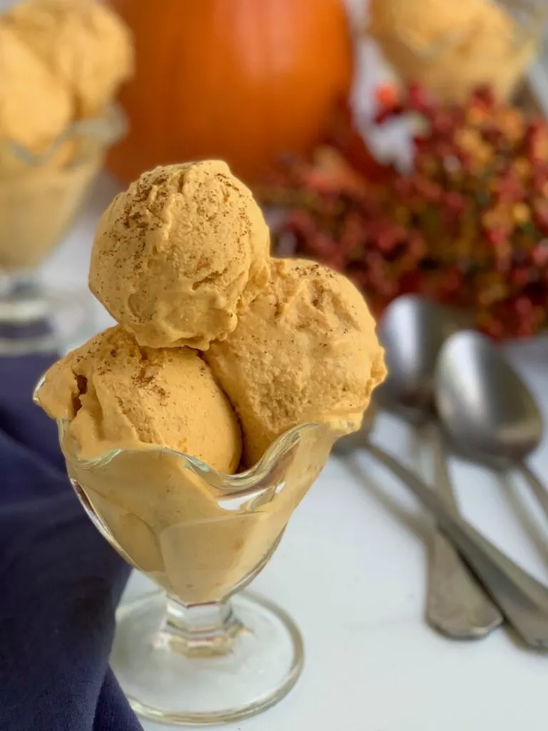 An old fashioned ice cream bowl with 3 big scoops of pumpkin ice cream.