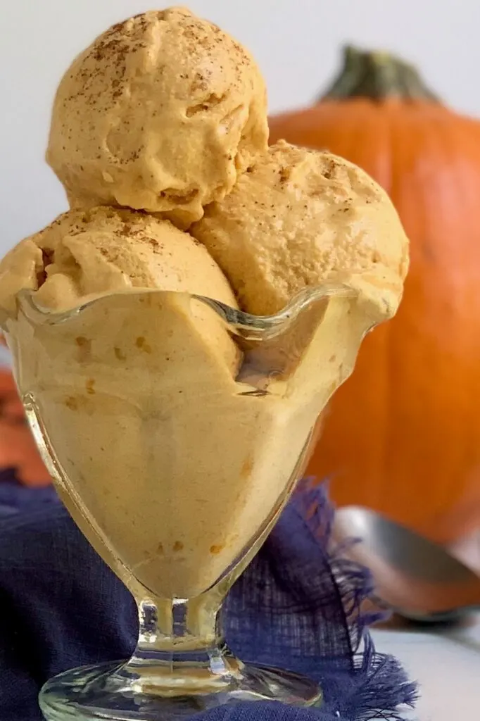 An old fashioned ice cream bowl with 3 big scoops of pumpkin ice cream.