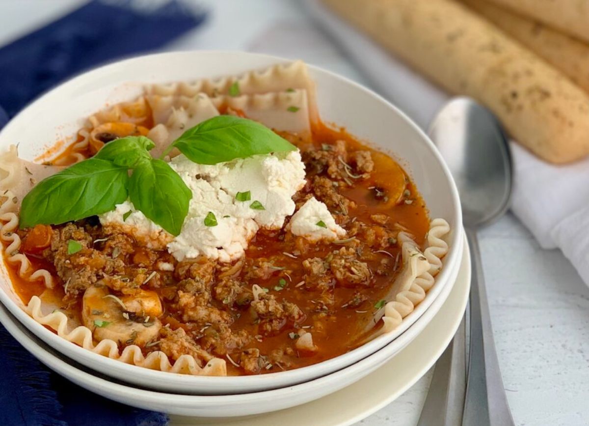 A bowl of lasagna soup with dairy free ricotta.