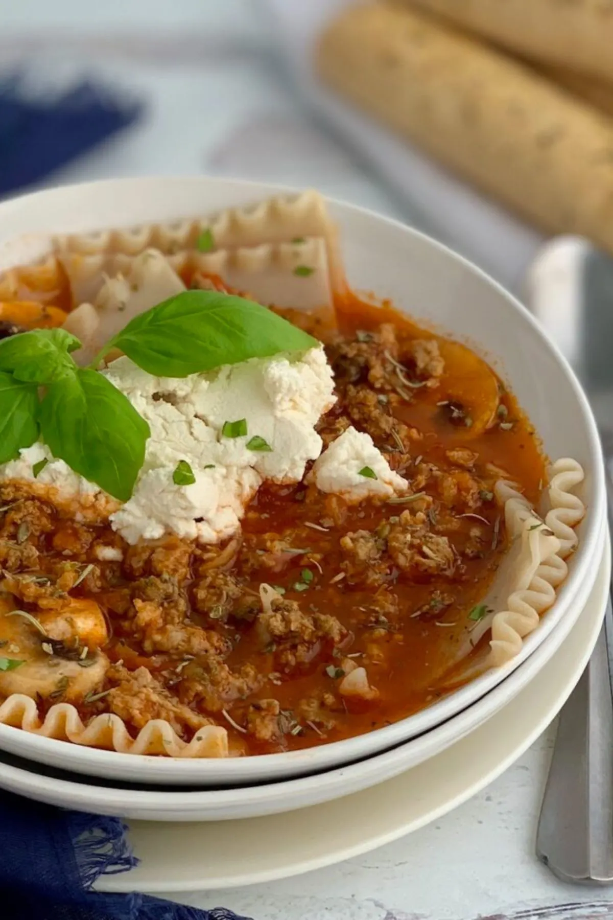 A bowl of gluten free lasagna soup.