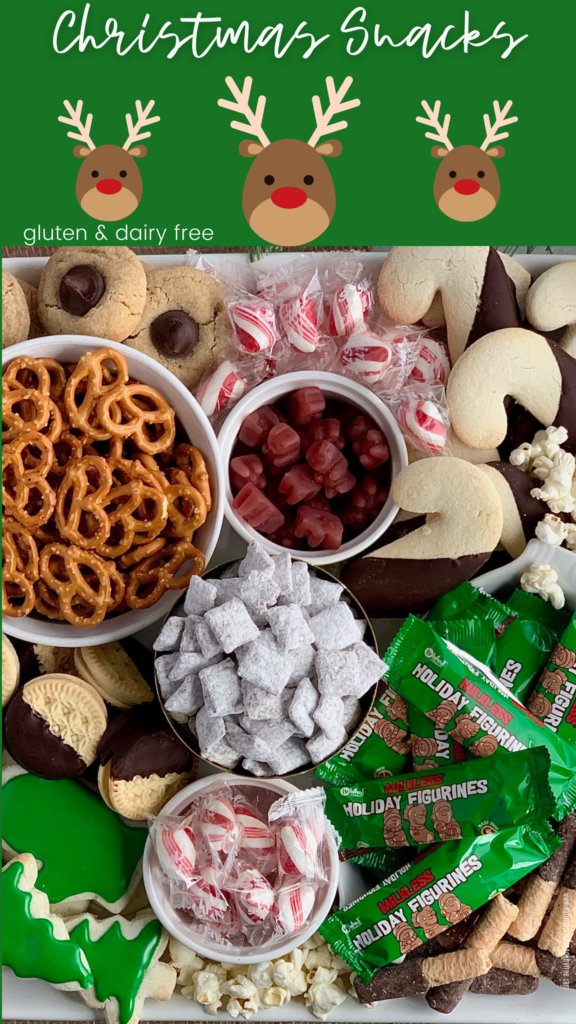 a variety of treats on a Christmas dessert board