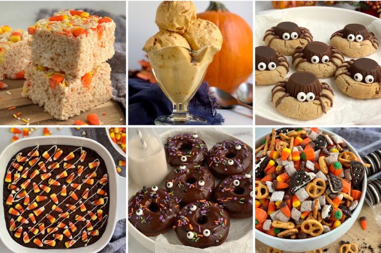 Several different photos of Halloween themed desserts from donuts to peanut butter spider cookies, and candy corn treats.