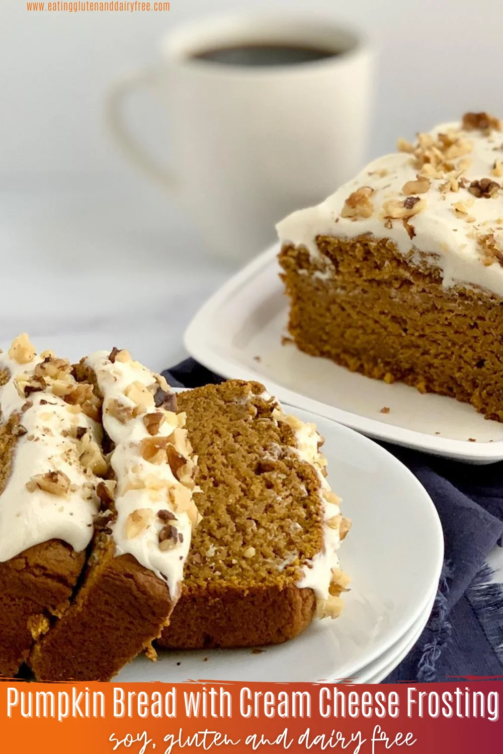 3 slices of pumpkin bread with cream cheese frosting and chopped nuts.