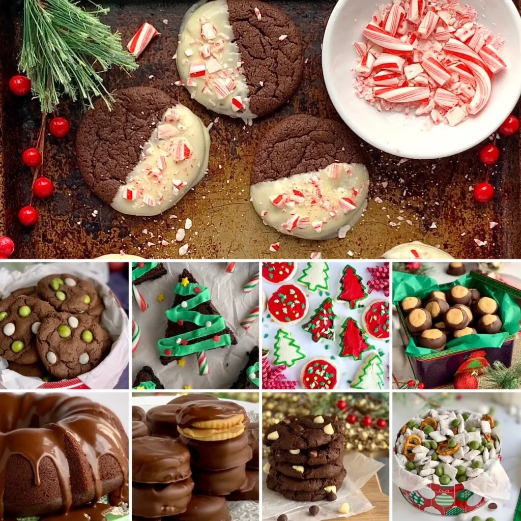 A collection of Christmas cookies, cake, and treats.