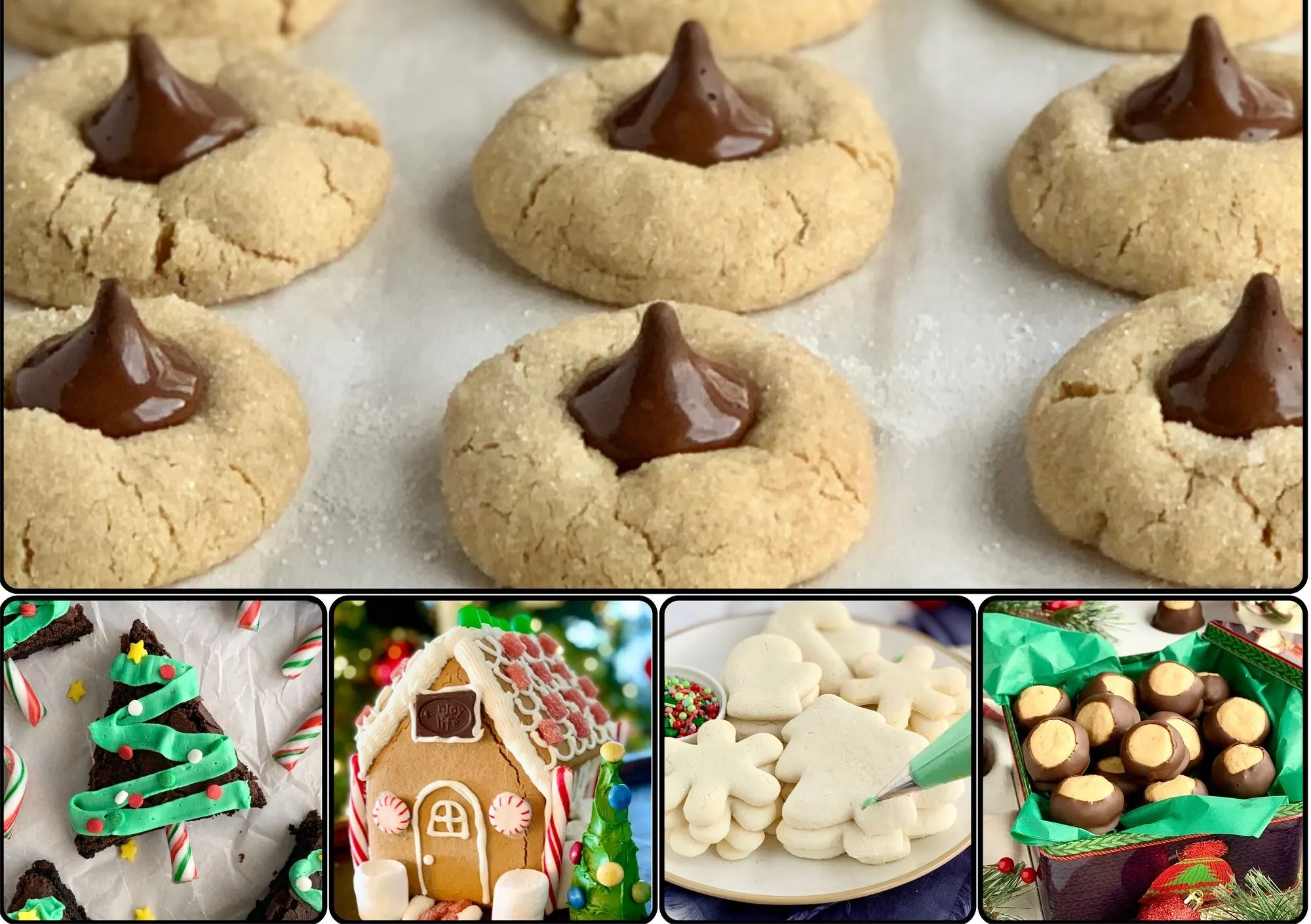 A collage of Christmas cookies, Gingerbread house, and icing sugar cookies.