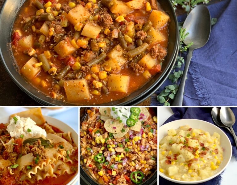 A collage of soups in one photos.