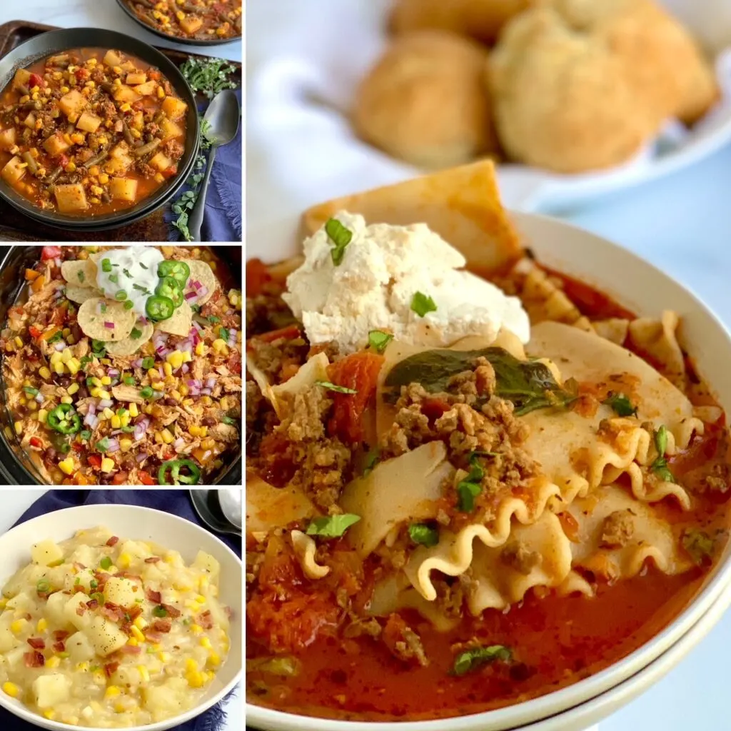 A collage of soups in one photos.