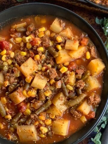 A bowl of cowboy hamburger soup.