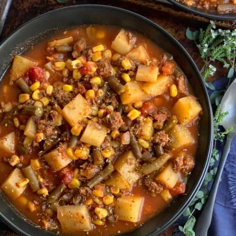 A bowl of cowboy hamburger soup.