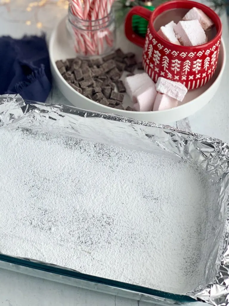 A 9 x 13 in baking pan lined with nonstick spray and a mixture of powdered sugar and cornstarch.