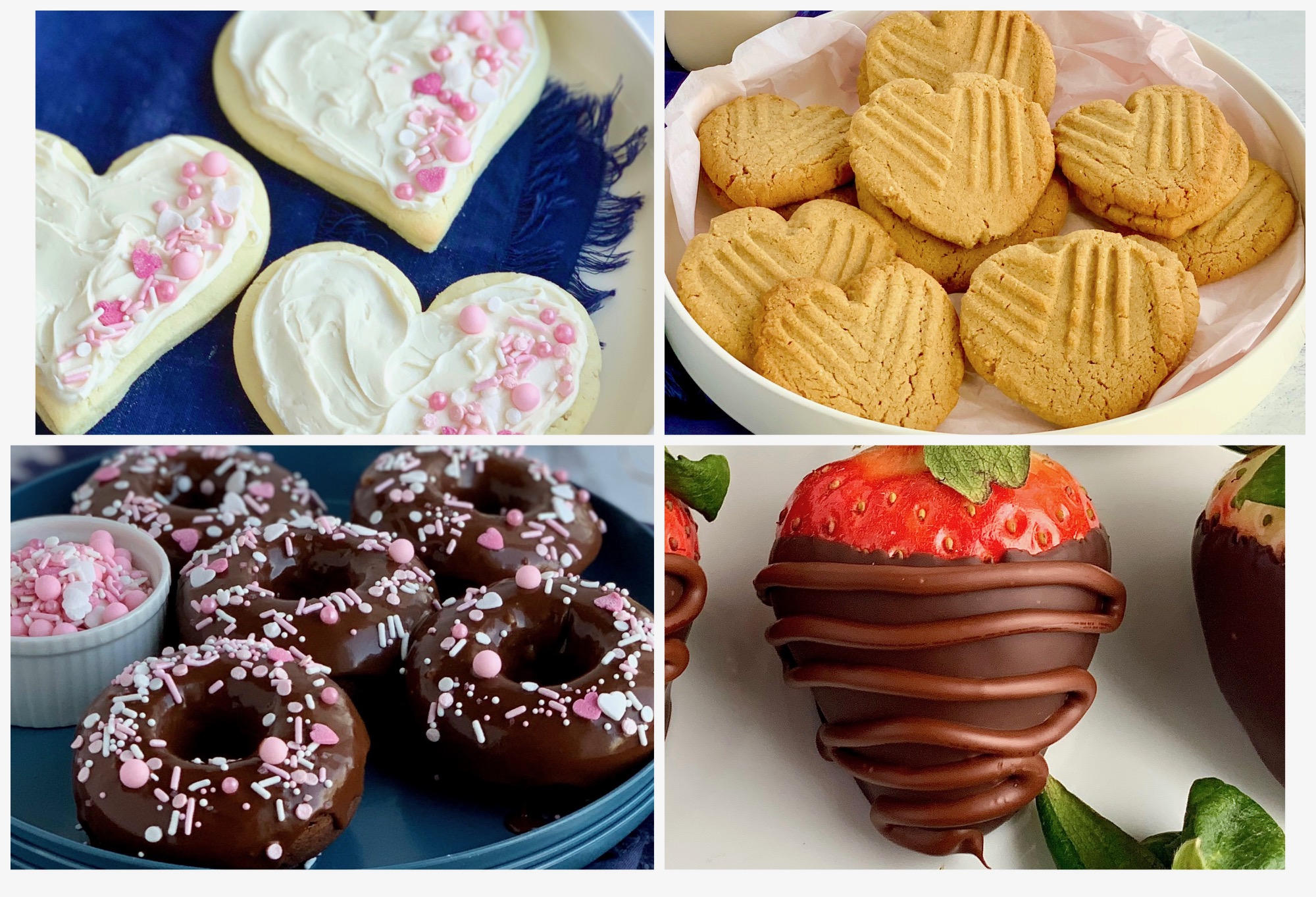 4 different Valentine's Day recipes including chocolate covered strawberries, double chocolate donuts with ganache frosting and white and pink sprinkles, a plateof heart shaped peanut butter cookies, and lastly a plate of heart shaped sugar cookies with with white frosting and pink and white sprinkles on them. a