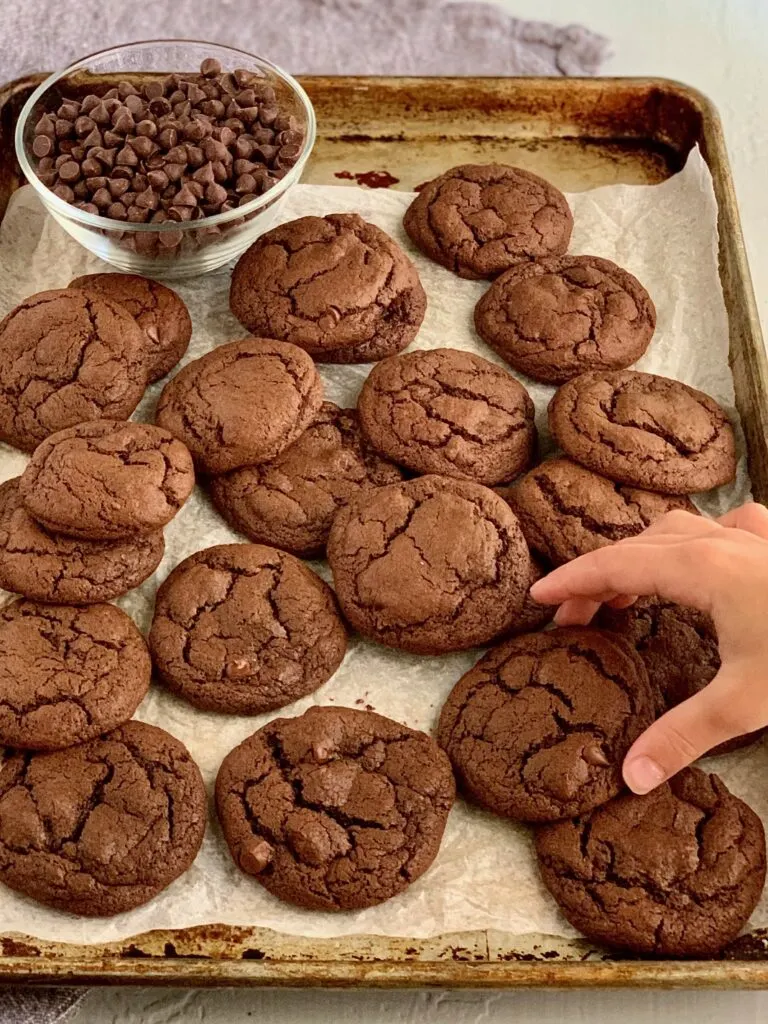 Brownie cookies on a baking sheet with a hand reaching for one.