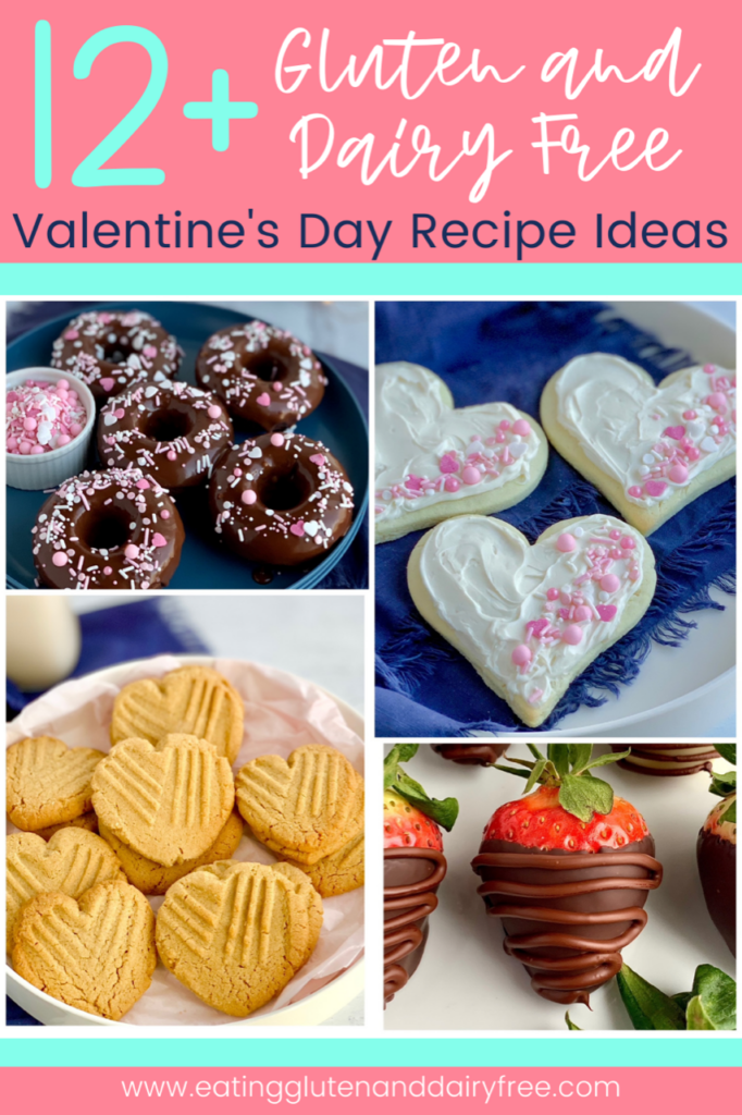 A collage of 4 different Valentine recipes-- chocolate donuts with a chocolate ganahce frosting and pink and white sprinkles on top. Also peanut butter cookies in teh shape of a heart with the classic criss cross fork marks. A large red strawberry dipped in melted chocolate with a another layer of chocolate drizzle over it. Lastly 3 heart shaped sugar cookies with white frosting and topped with white and pink sprinkles.