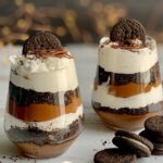 2 glass jars layered with a thick homemade chocolate pudding, crushed oreo-like cookies, and a creamy white whipped topping. Then on the very top is more crush cookie, an oreo-like cookie, and chocolate curls. Next to the glass jars are more Oreo-like cookies.