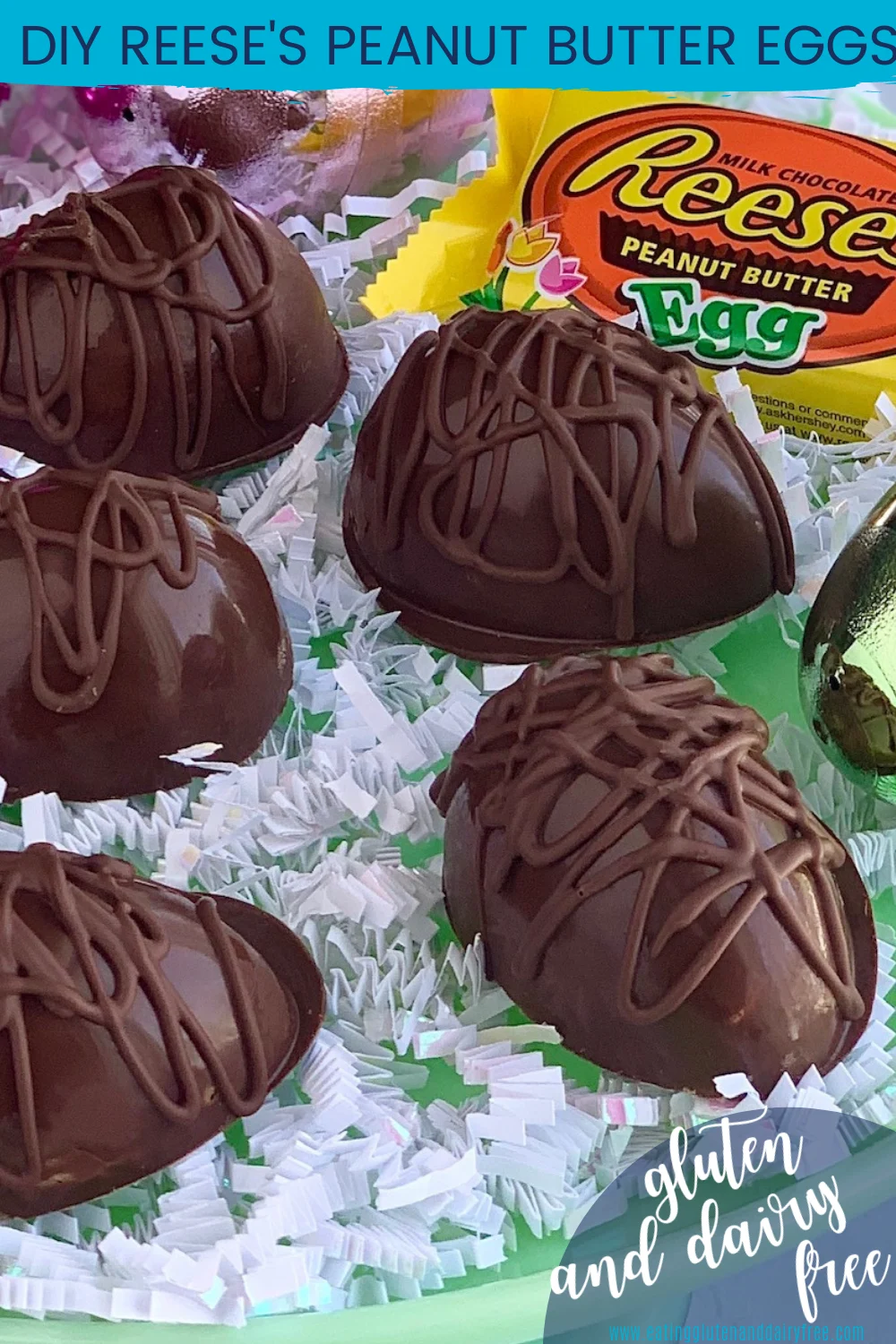 A green serving cake plate of egg shaped chocolates filled with a peanut butter mixture and topped with melted chocolate drizzle