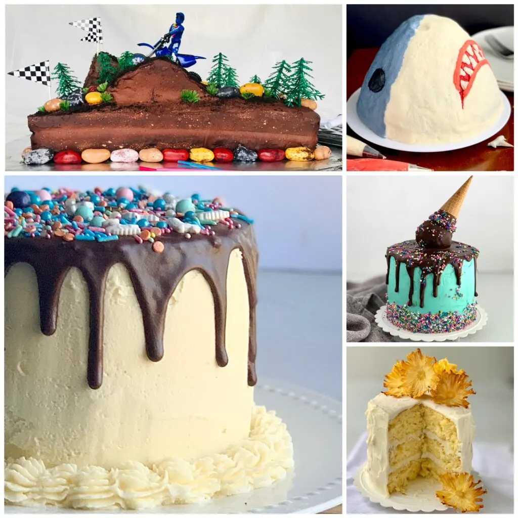 A collage of 5 cakes described in an earlier section of this post. The first cake is of a motocross driver. The next is a large shark cake. Below that is an aqua iced cake with an upside down ice cream cone. And below that is a pineapple layered cake with the center cut out and large fried pineapple pieces on top. To the left of that is an iced buttercream cake with chocolate ganache running down the sides and sprinkles on top.