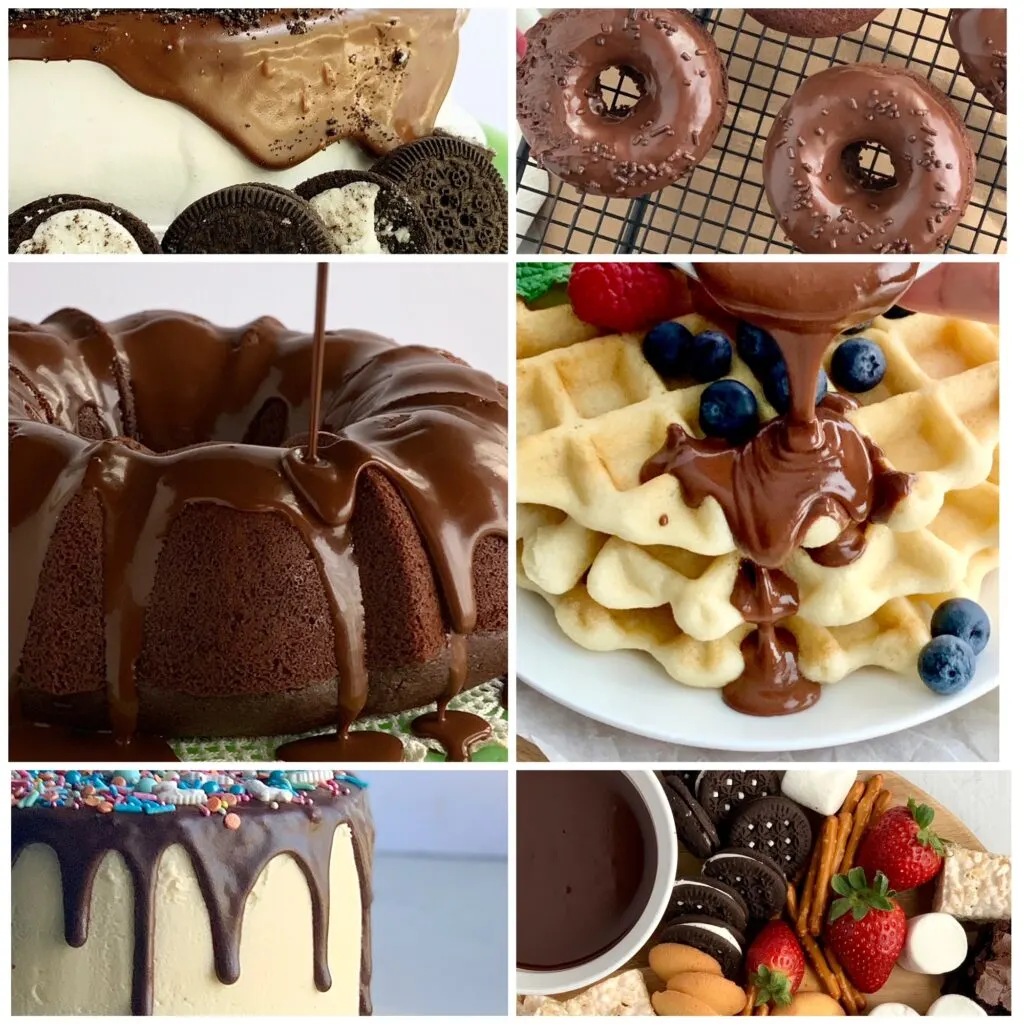 A collage of several different foods using this ganache recipe on top such as a chocolate bundt cake and ganache being poured onto waffles. Also a cake with chocolate ganache dripping down the sides and a dessert board filled with various treats like oreo sandwich cookies, vanilla wafers, and marshmallows next to a bowl of ganache as dipping sauce. 