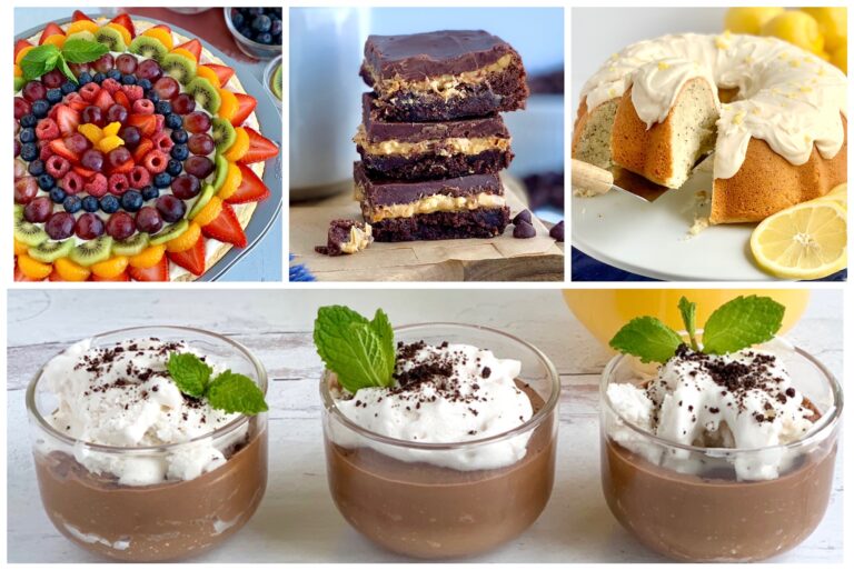 a collage of 4 different recipes. The first is a round fruit pizza then 3 stacked chocolate peanut butter layer brownies. Next is a lemon poppy seed bundt cake with cream cheese frosting on top. The last picture is of 3 mini dessert glasses filled with chocolate pudding, cocowhip, oreo like cookie crumbs and a mint leave.