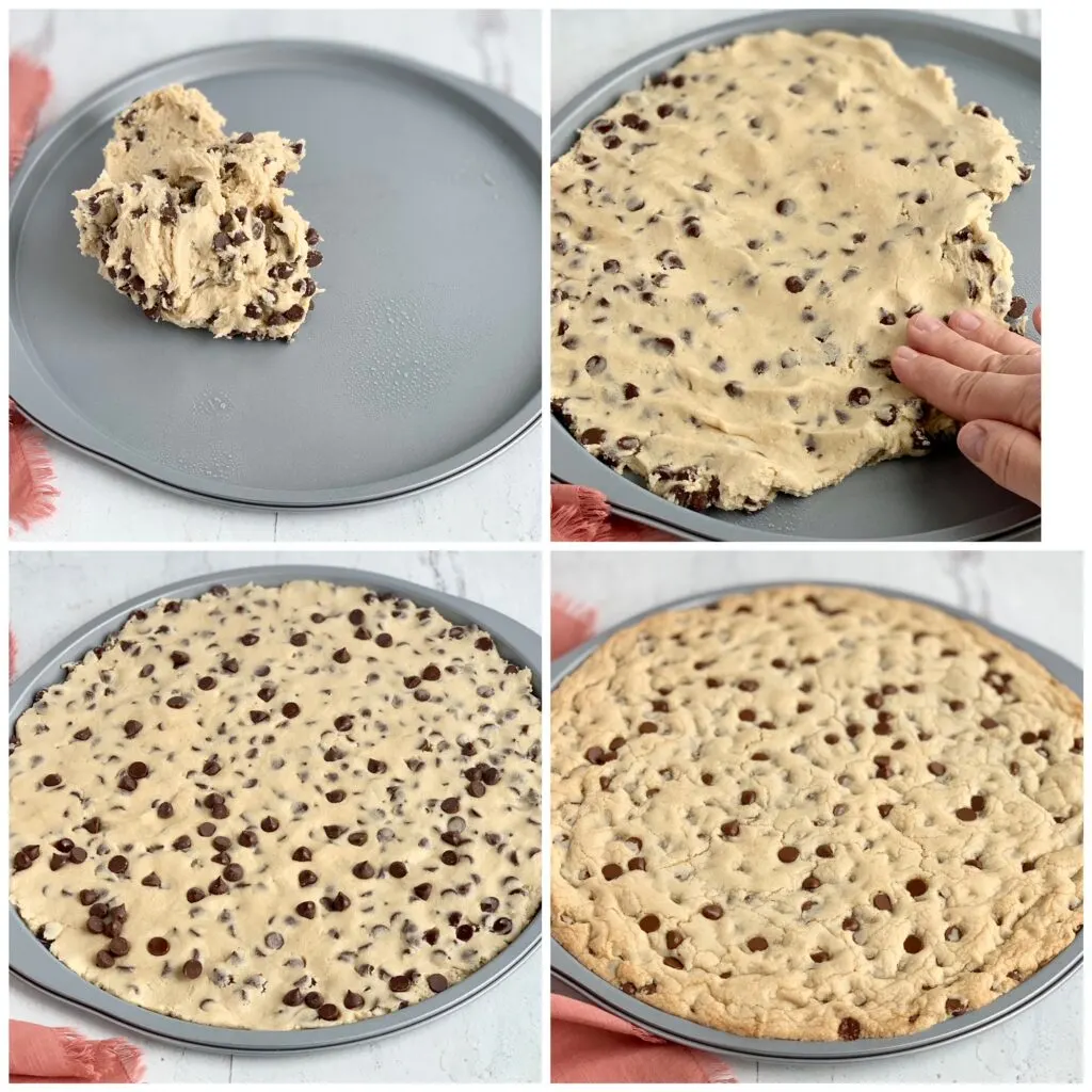 A collage of 4 photos-- the first is raw cookie dough on top of a pizza pan. The next is a hand pushing the dough around the pan. The third picture is the cookie dough evenly spread around the cookie pan. And the last picture is the cookie dough after it's been baked.