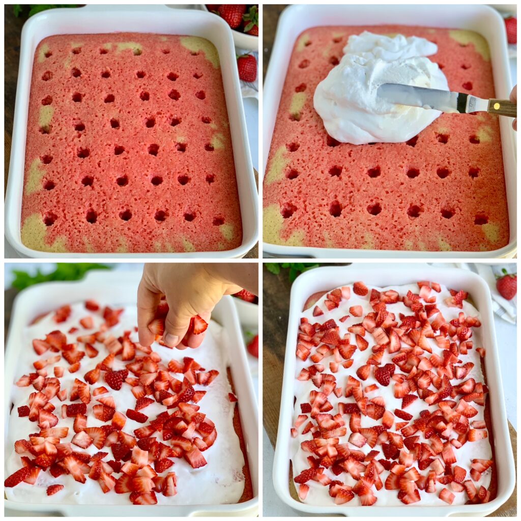 A collage of 4 pictures. The first picture is of a baked cake with multiple holes in  it and jello having been poured over it. The second picture is with whipped topping being spread on it. The third picture is of a hand placing strawberries on top of the whipped topping. The last picture is of the top of the cake with strawberries on top.