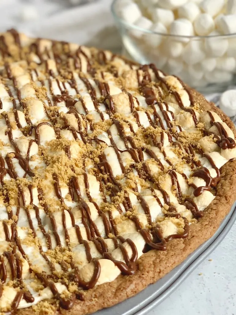 A pizza pan layered with a graham cracker crust, melted chocolate, golden brown mini marshmallows, then drizzled with chocolate and topped with graham cracker crumbs. next to a small bowl overflowing with mini marshmallows.