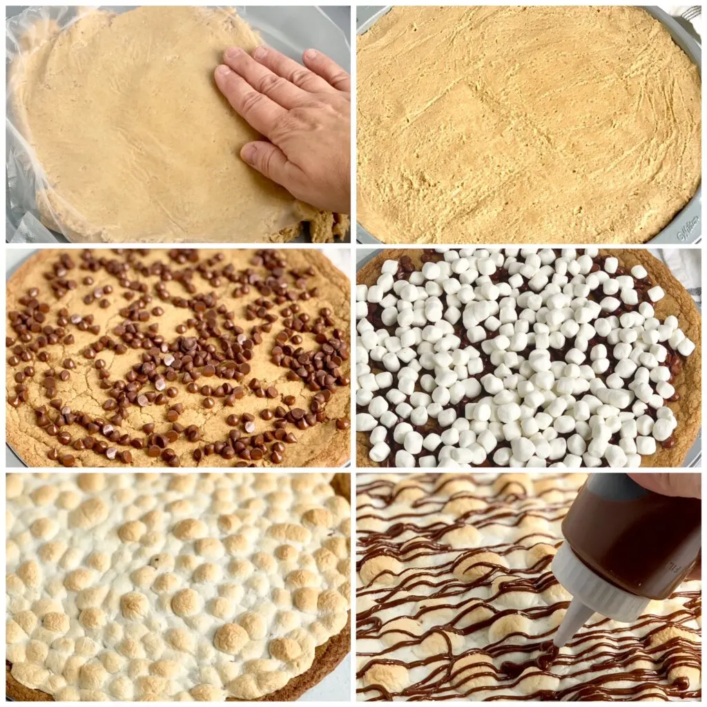 A collage of 6 different pictures. the first is of the graham cracker dough with nonstick wrap over it being pushed into all areas of the pan. The second is of the pan entirely covered in dough. Next the crust has been back and chocolate ships are on top. Then mini marshmallows have been added to the pizza. Fifth, the pizza is out of the oven and mini marshmallows are melted and a golden brown color. Lastly, a mini squeeze bottle is adding melted chocolate across the top of the pizza in a zig zag motion. 