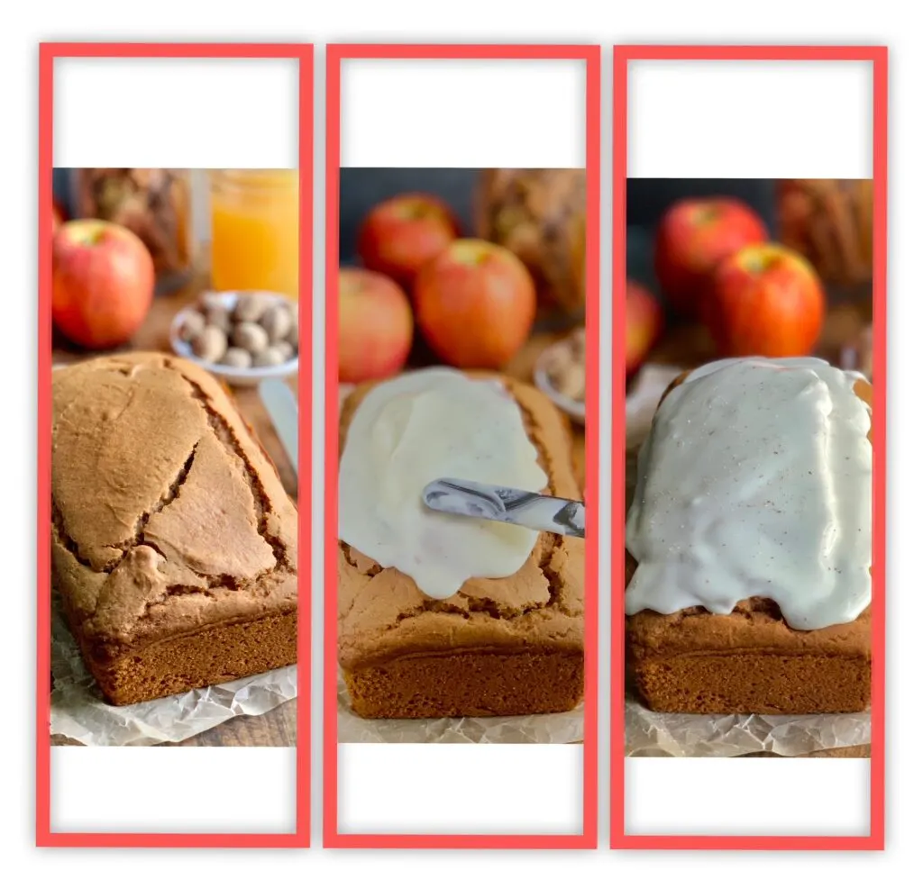 A collage of 3 pictures. The first is a loaf of apple spice loaf bread, the second is the loaf of bread with an angled spatula icing the loaf with a thick white glaze, and the last picture is of the loaf glazed in a delicious looking frosting.