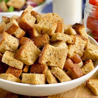 A plate of gluten and dairy free croutons.