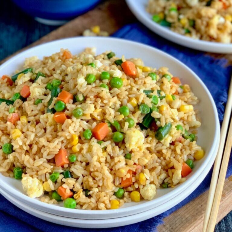 A bowl of homemade gluten and dairy free fried rice.