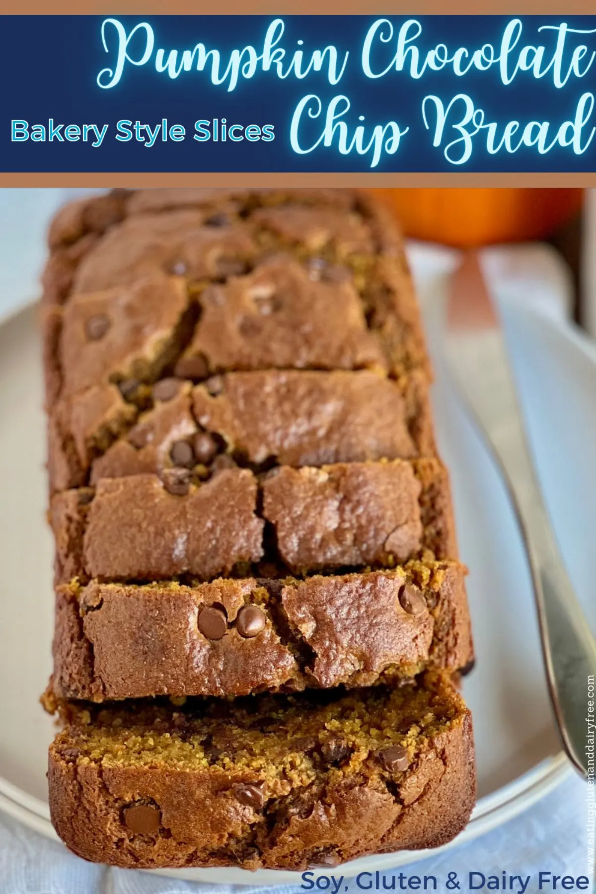 A loaf of chocolate chip pumpkin bread slices.