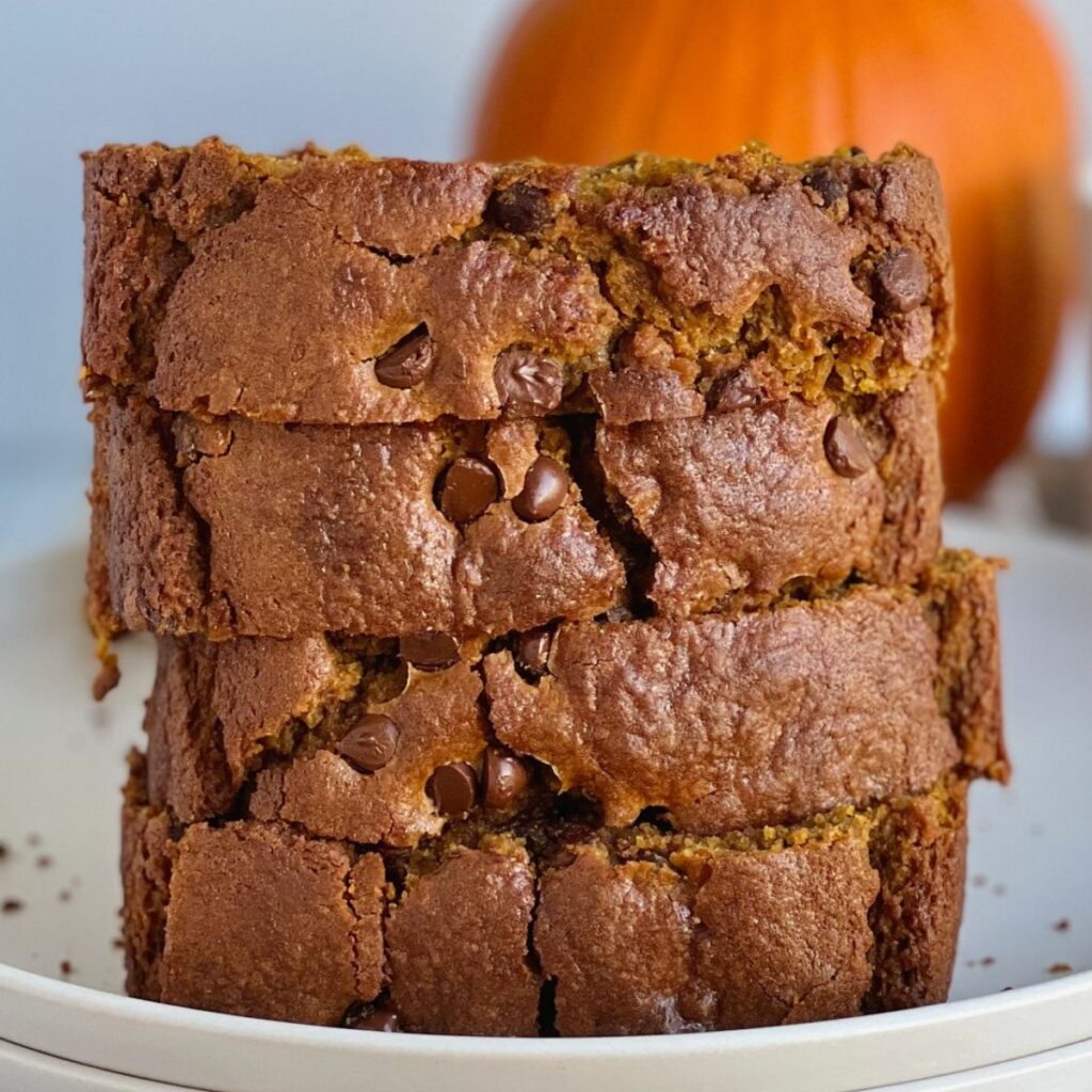 A stack of gluten free pumpkin chocolate chip bread.