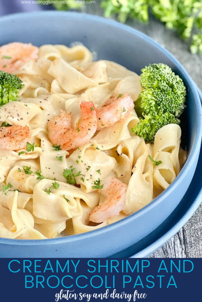 A blue blue filled with white thick pasta noodles and a creamy looking white sauce with sautÃ©ed shrimp and steamed green broccoli. There are fresh chopped pieces of green parsley on top,
