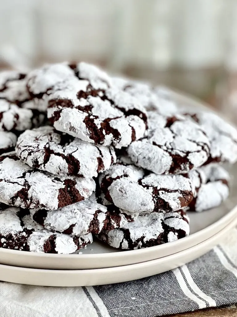 A white place full of dark chocolate cookies with powdered sugar over them .