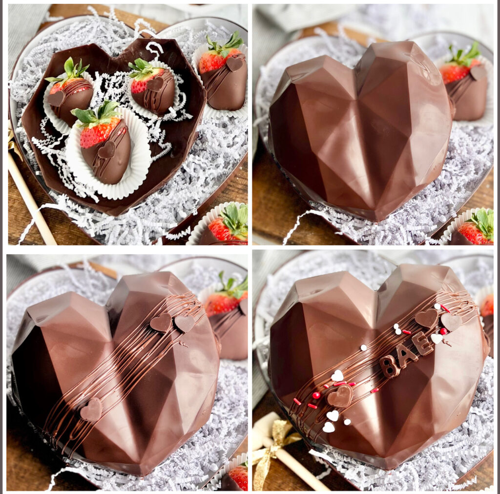 A collage of 4 pictures.  The first shows the bottom of a hollow heart filled with 3 chocolate covered strawberries and white filling. The second picture shows the top heart placed directly over the bottom heart hiding the chocolate covered strawberries. The third picture shows the top heart with melted chocolate drizzled over the top. The last picture showcases sprinkles and the words Bae to the top.