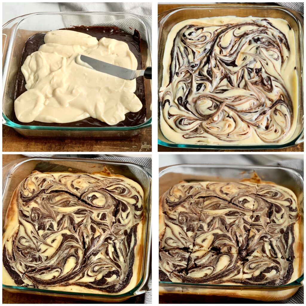 A collage of 4 pictures. The first is raw brownie batter in the bottom of a pan with white cream cheese mixture being spread over the top. The second pic is after someone took a knife and swirled the cream cheese and brownie batter together. The 3rd picture is after the marbled brownies have baked. And the 4th pic is after the cheesecake brownies have been cut.