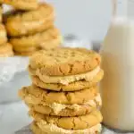 A stack of 3 peanut butter cookies with a brown peanut butter frosting in the middle next to a bottle of milk.
