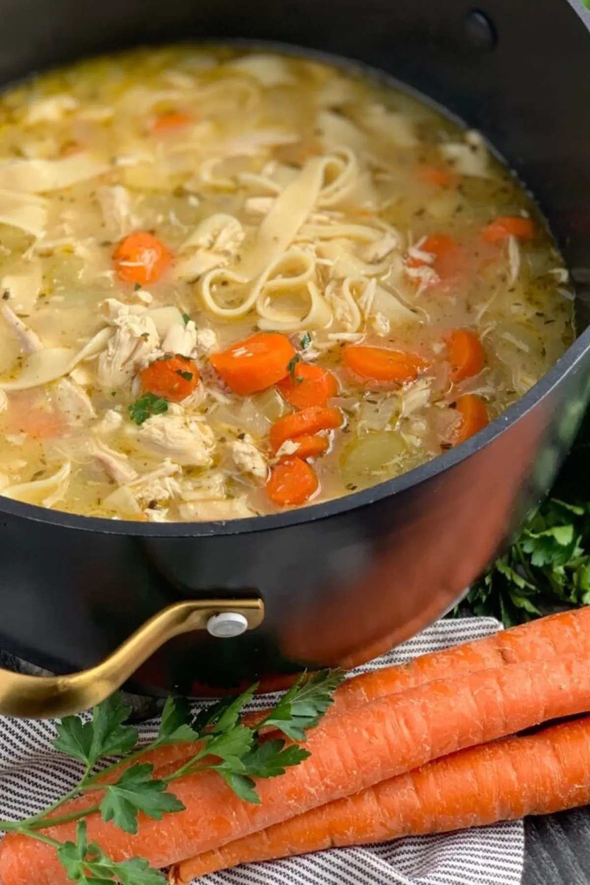 A large black stock pot of homemade chicken soup with egg noodles. 