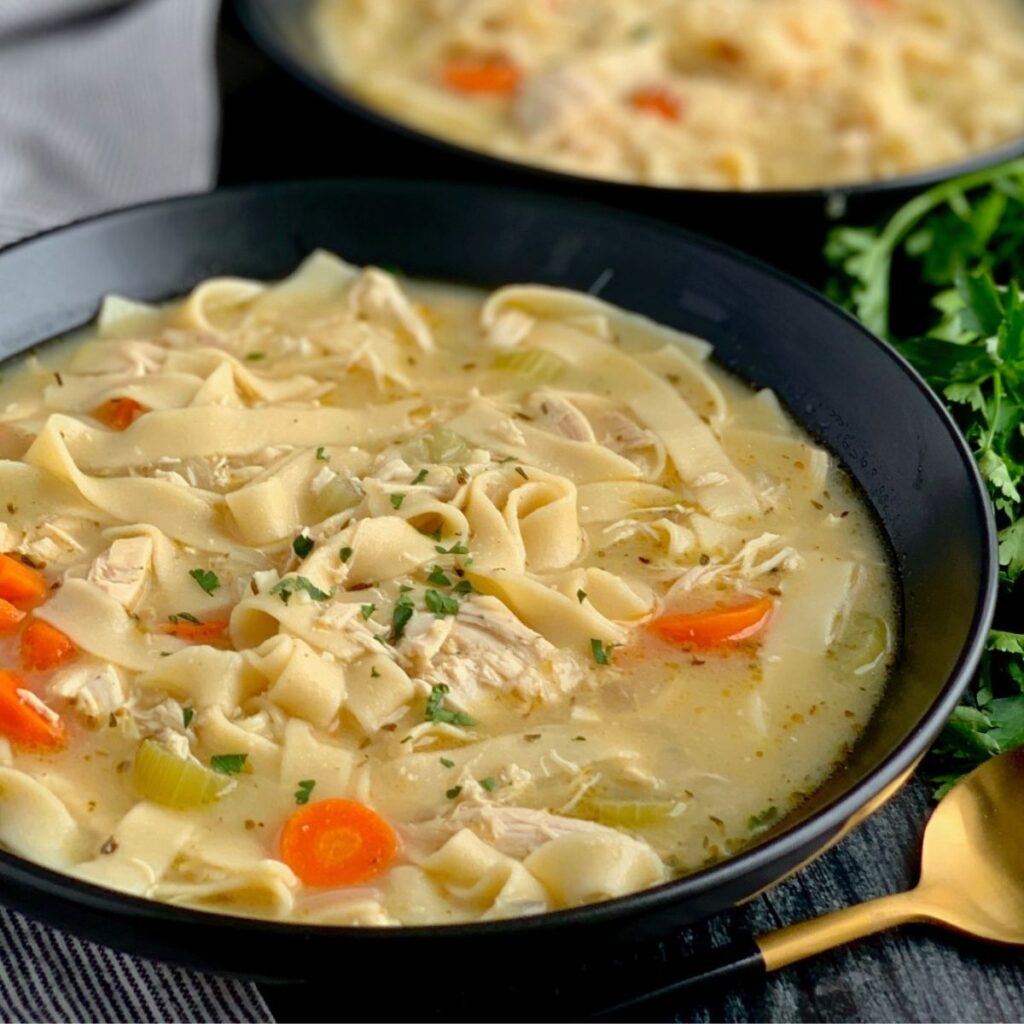 A large black soup bowl filled with diced celery, carrots and wide noodles with chunks of chicken and broth. On top are a few fresh cut parsley pieces.