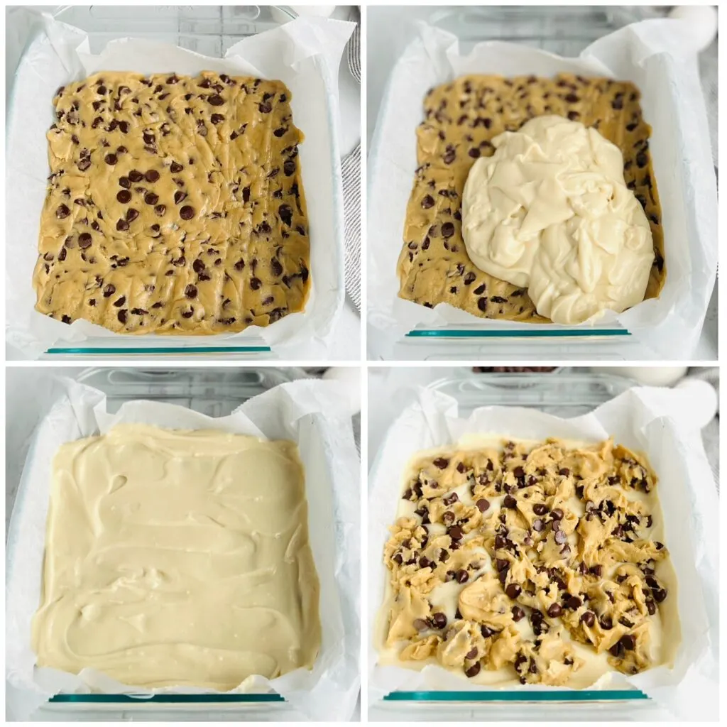 A collage of 4 pics. The first pic is of cookie batter on the bottom of a glass pan. The second pics has a big pile of white cream cheese mixture on it. The 3rd picture is after someone has evenly spread the cream cheese mixture across the pan. The past picture is after someone has dropped little bits of chocolate chip cookie dough on top.