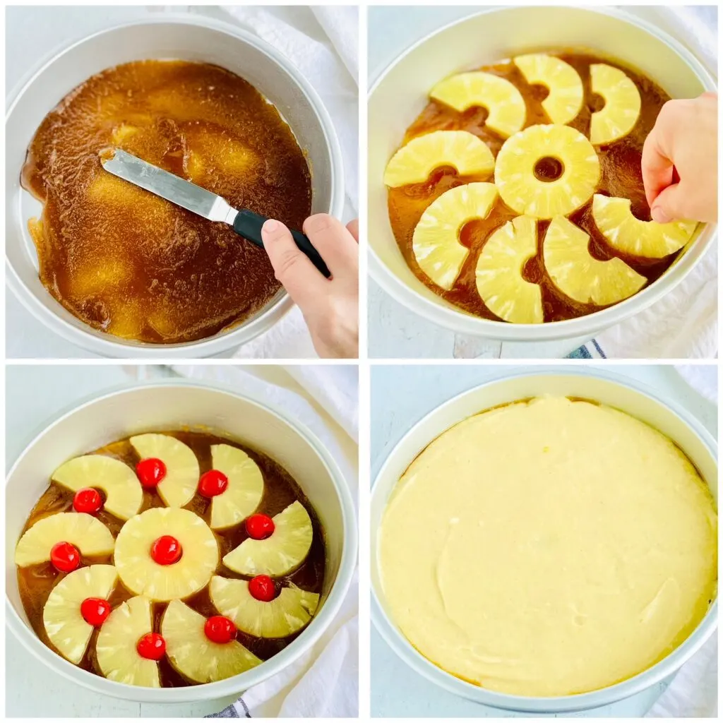 A 4 picture collage. In the first picture an angled spatula is spreading a thick brown mixture in the bottom of a 9-inch round baking pan. In the second picture fingers are arranging half slices of thin round pineapple around the pan. In the 3rd picture a cherry has been placed inside the semicircle of the pineapple ring. In the last picture the cake batter is evenly spread inside the cake pan.